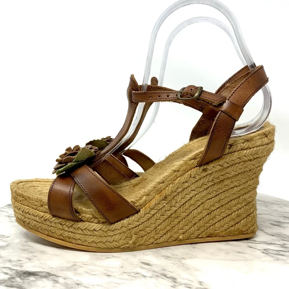Andrea Assous Brown Leather Flower T-Strap Espadrille Wedges 9 Cottagecore